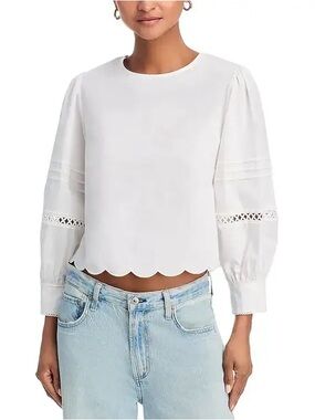 French Connection White Scallop-Hem Lace Inset Blouse